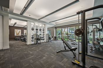 A gym with a variety of equipment including a squat rack and a bench at Everra Midtown Park Apartments, Texas, 75231